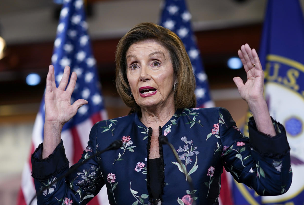 Speaker of the House Nancy Pelosi meets with reporters at the U.S. Capitol in Washington. (AP)