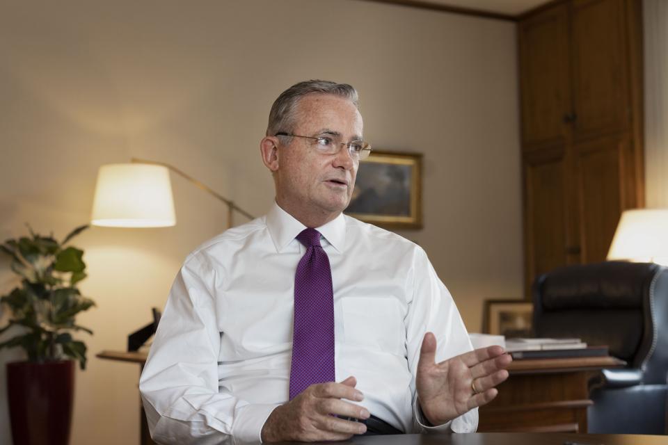 Elder Patrick Kearon, the newest Latter-day Saint Apostle, is pictured in his office at the Church Administration Building in Salt Lake City.