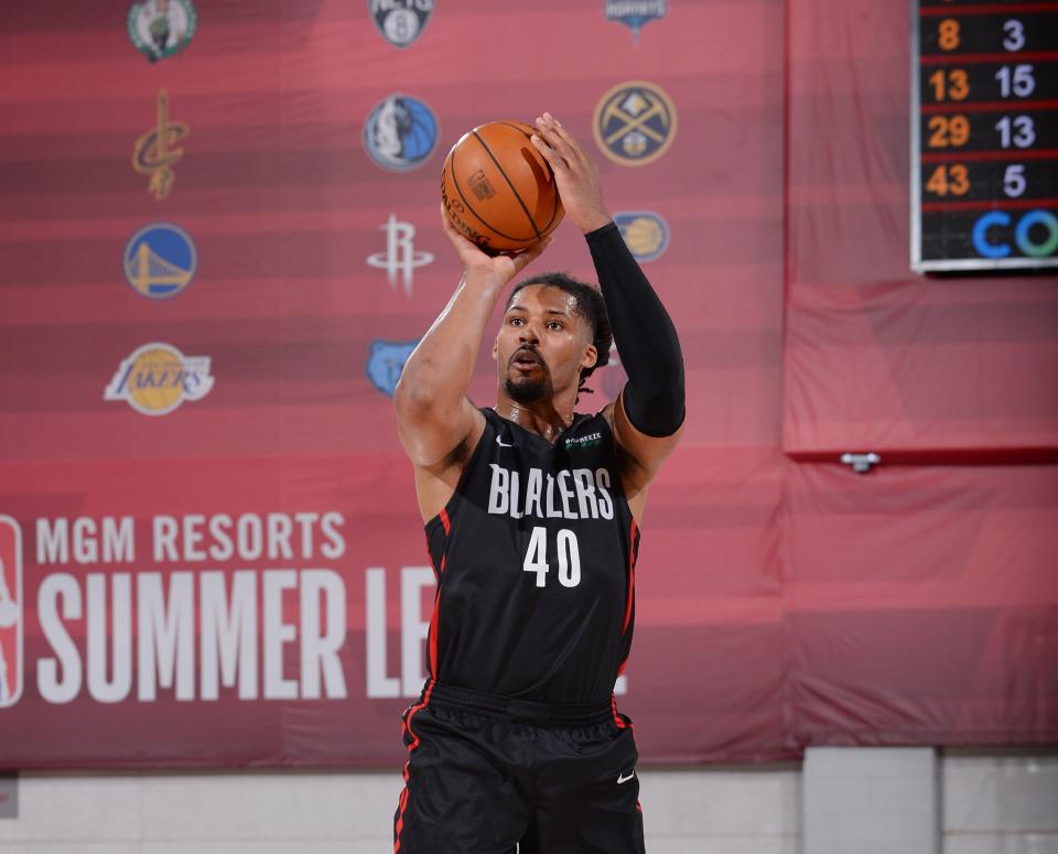 LAS VEGAS, NV - JULY 9: Jarnell Stokes #40 of the Portland Trail Blazers shoots the ball against the Utah Jazz on July 9, 2019 at the Cox Pavilion in Las Vegas, Nevada. NOTE TO USER: User expressly acknowledges and agrees that, by downloading and/or using this photograph, user is consenting to the terms and conditions of the Getty Images License Agreement. Mandatory Copyright Notice: Copyright 2019 NBAE (Photo by Bart Young/NBAE via Getty Images)