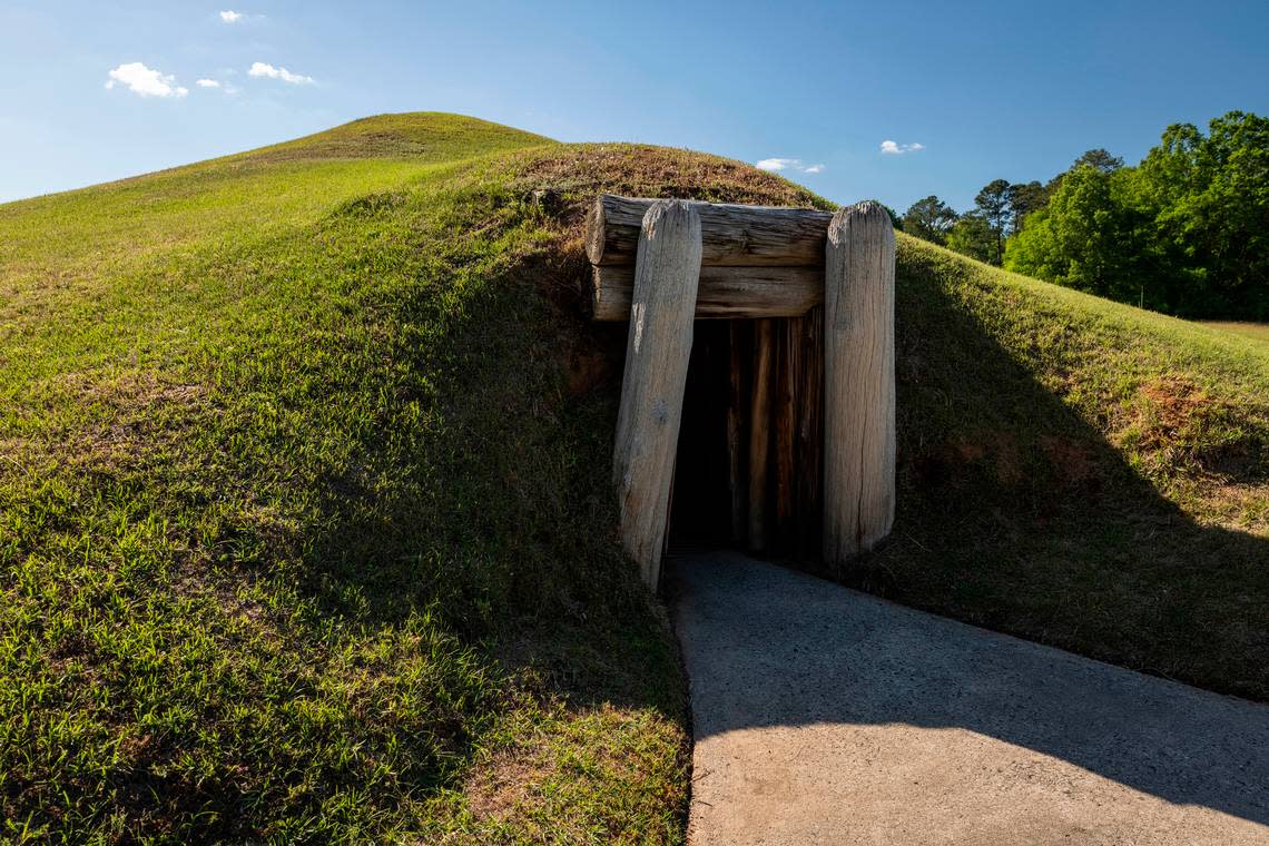 The Earth Lodge, dated to 1015 AD, was built by the Mississippian culture and later restored from archaeological evidence and is part of Ocmulgee National Monument. Ocmulgee National Monument Photos by Mac Stone Courtesy Open Space Institute