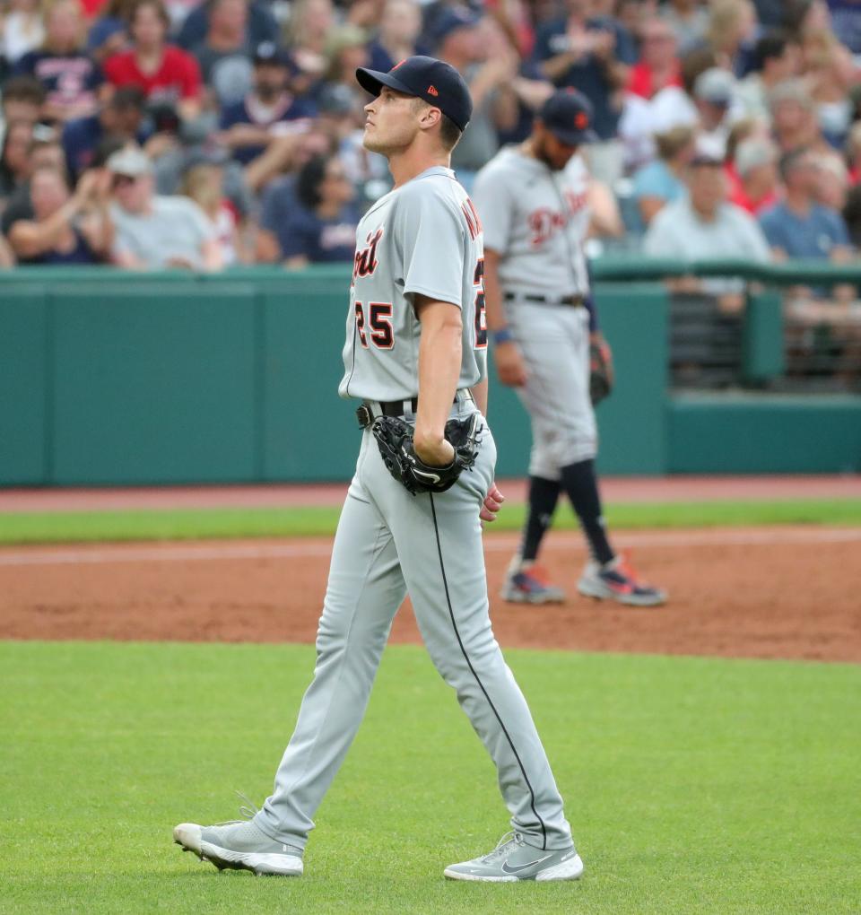 Detroit Tigers starting pitcher Matt Manning (25) reacts after a run is scored by Cleveland during third inning action Friday, August 6, 2021at Progressive Field in Cleveland.