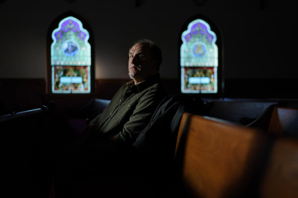 Gerald Groff, a former postal worker whose case will be argued before the Supreme Court, sits in a pew after a television interview with the Associated Press at a chapel at the Hilton DoubleTree Resort in Lancaster, Pa., Wednesday, March 8, 2023. (AP Photo/Carolyn Kaster)