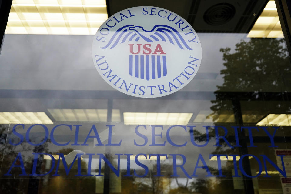 FILE - The U.S. Social Security Administration office is seen in Mount Prospect, Ill., Oct. 12, 2022. On Friday, April 5, 2024, The Associated Press reported on stories circulating online incorrectly claiming Social Security Administration data shows the number of voters registering without a photo ID is skyrocketing in three key swing states, evidence that migrants who entered the country illegally are registering to vote in Arizona, Texas and Pennsylvania. (AP Photo/Nam Y. Huh, File)