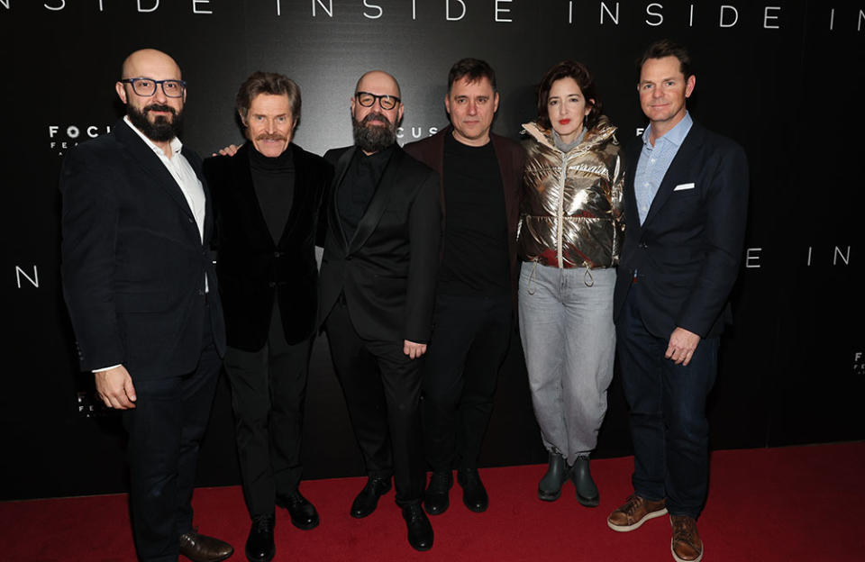 Peter Kujawski, Willem Dafoe, Vasilis Katsoupis, Giorgos Karnavas, Kiska Higgs and Jason Cassidy attend Focus Features' "Inside" New York Screening at Metrograph on February 28, 2023 in New York City.