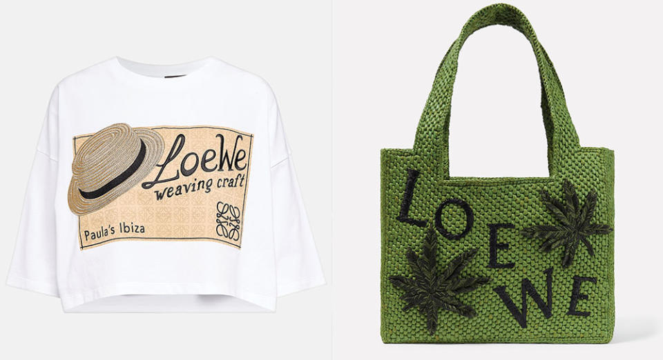 Cropped T-shirt ($650) and applique raffia-woven tote ($2,100), both from Loewe’s Paula’s Ibiza capsule collection, at Mytheresa.com.