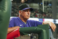 Colorado Rockies manager Bud Black looks on from the dugout during a baseball game against the Atlanta Braves, Thursday, Sept. 1, 2022, in Atlanta. (AP Photo/John Bazemore)