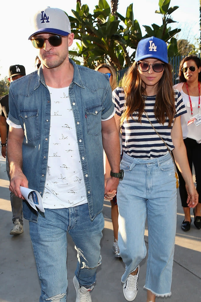 <p>The supercouple, who just celebrated five years of wedded bliss, had a police-escorted date night, as they arrived with friends at Dodger Stadium for Game 2 of the Astros vs. Dodgers World Series on Wednesday. (Photo: BackGrid) </p>