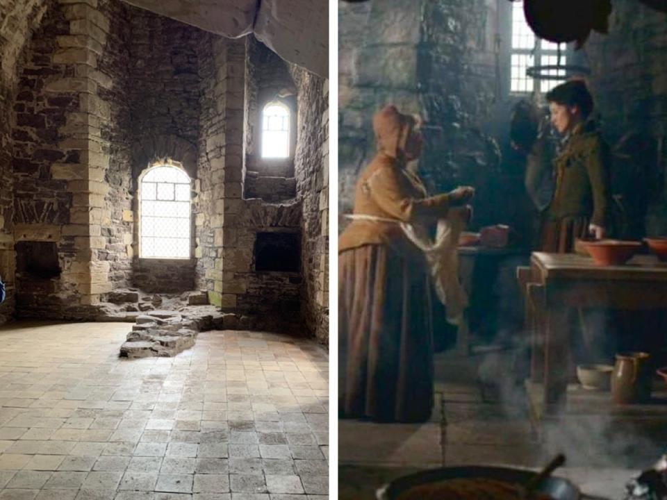 Side by side comparison of the kitchen of Doune Castle in Scotland with the author's view on the left and a still from "Outlander" on the right.