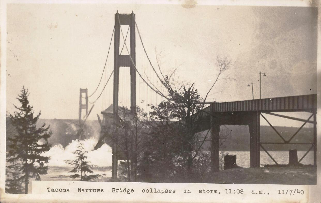 Tacoma, Washington, Tacoma Narrows Bridge, November 7, 1940. It opened to traffic on July 1, 1940, and dramatically collapsed into Puget Sound on November 7 of the same year.