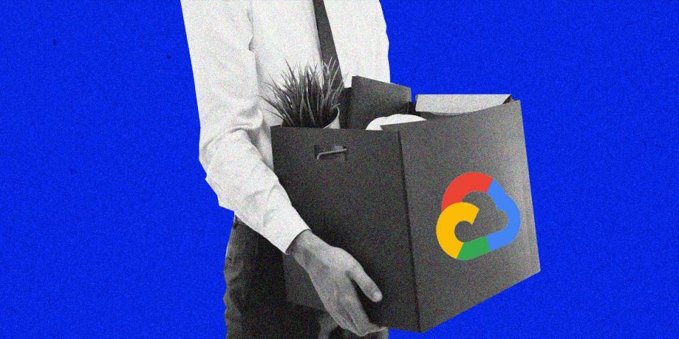 A photo illustration of a person holding a box, as if they've been laid off. The box has the Google Cloud logo on it.