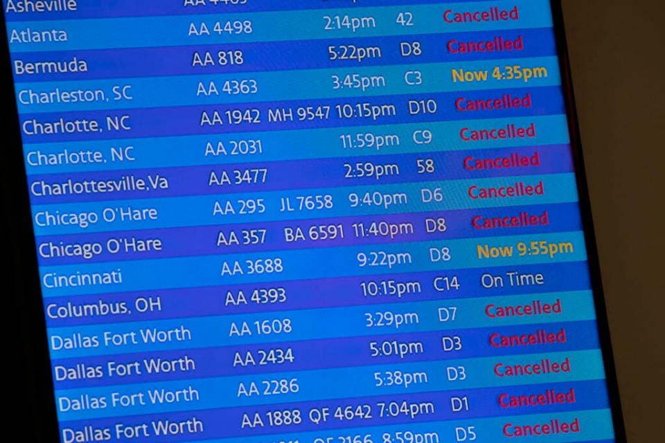 The arrivals board at New York’s LaGuardia Airport in March 2020. When traveling with children, cancellations can be an even bigger headache if you’ve put favorite toys in checked baggage. (Photo by Mary Altaffer, AP, File)