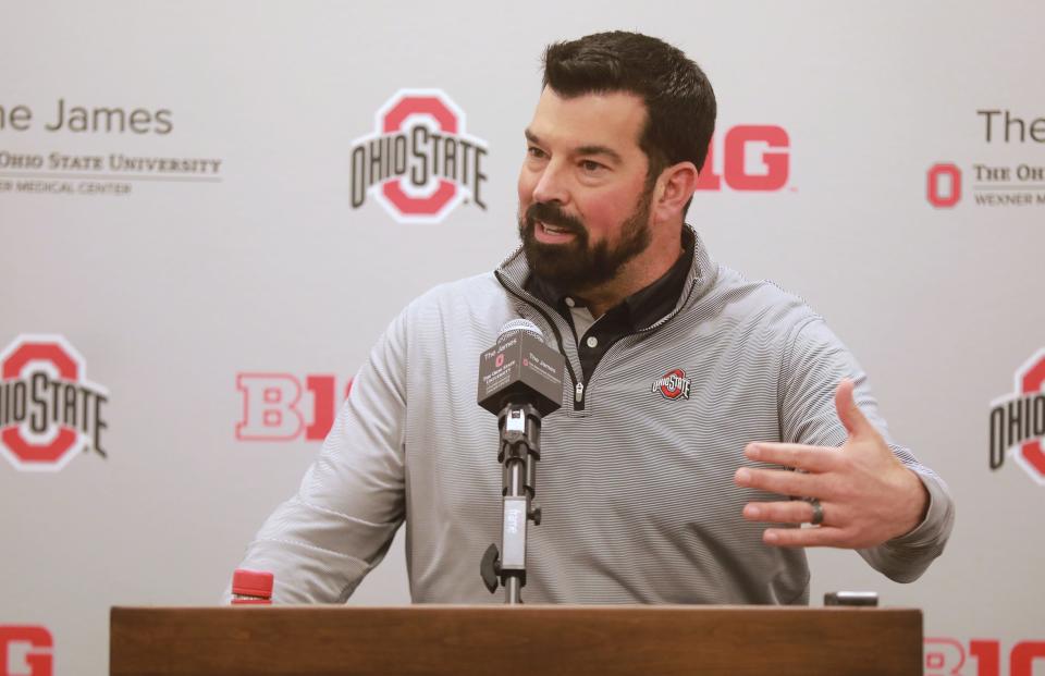 Ryan Day talks with the media Sunday, December 6, 2021 as it was announced the Buckeyes would play in the Rose Bowl.