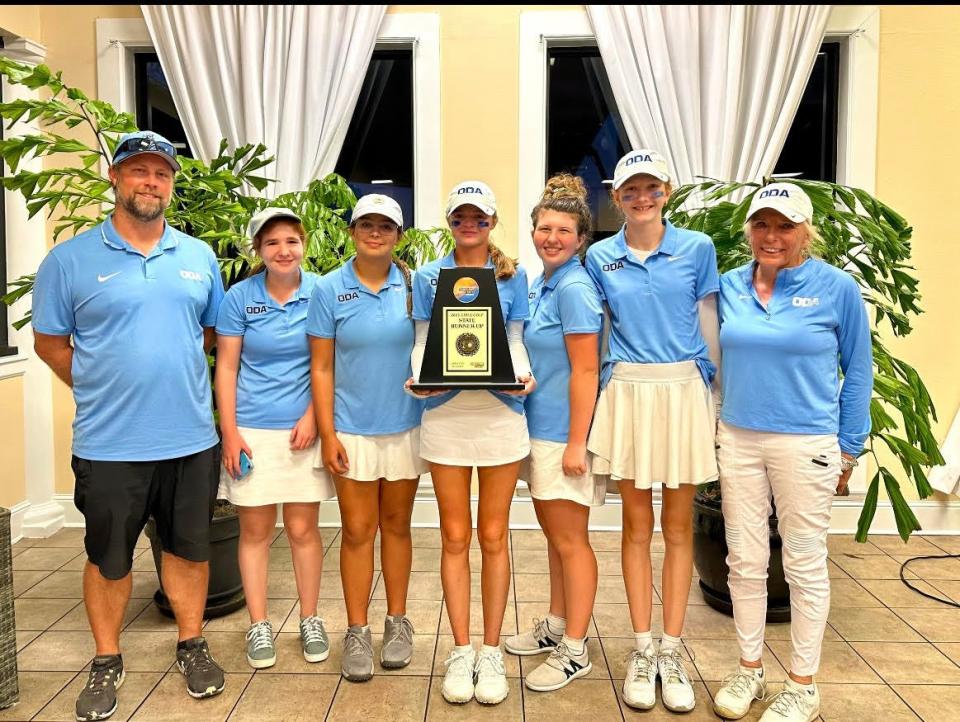 The Out-of-Door Academy girls golf team after finishing in second place on Saturday in the Sunshine State Athletic Conference tournament. (l-r) head coach Chris Cullen, Isabella Rizzo, Brooklyn Cullen, Madeline Crosby, Jules Whittemore, Daisy Quintal, assistant coach Mary Ann Modrak