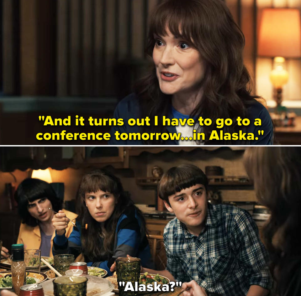 Joyce telling the kids she's leaving to go to a conference in Alaska