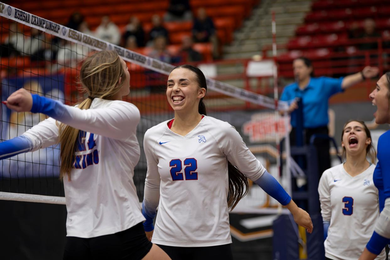 Seaman Brooklyn Gormley (22) reacts after scoring Saturday, Oct. 28, 2023, against St. Thomas Aquinas during State Volleyball at Tony’s Pizza Events Center in Salina, Kan.