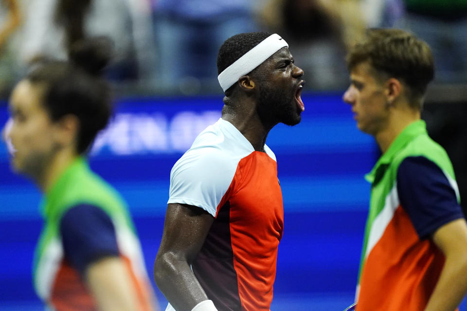 Frances Tiafoe, of the United States, reacts after winning a game against Carlos Alcaraz, of Spain, during the semifinals of the U.S. Open tennis championships, Friday, Sept. 9, 2022, in New York. (AP Photo/Matt Rourke)