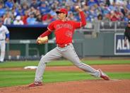 Apr 26, 2019; Kansas City, MO, USA; Los Angeles Angels starting pitcher Tyler Skaggs (45) delivers a pitch during the first inning against the Kansas City Royals at Kauffman Stadium. Mandatory Credit: Peter G. Aiken/USA TODAY Sports