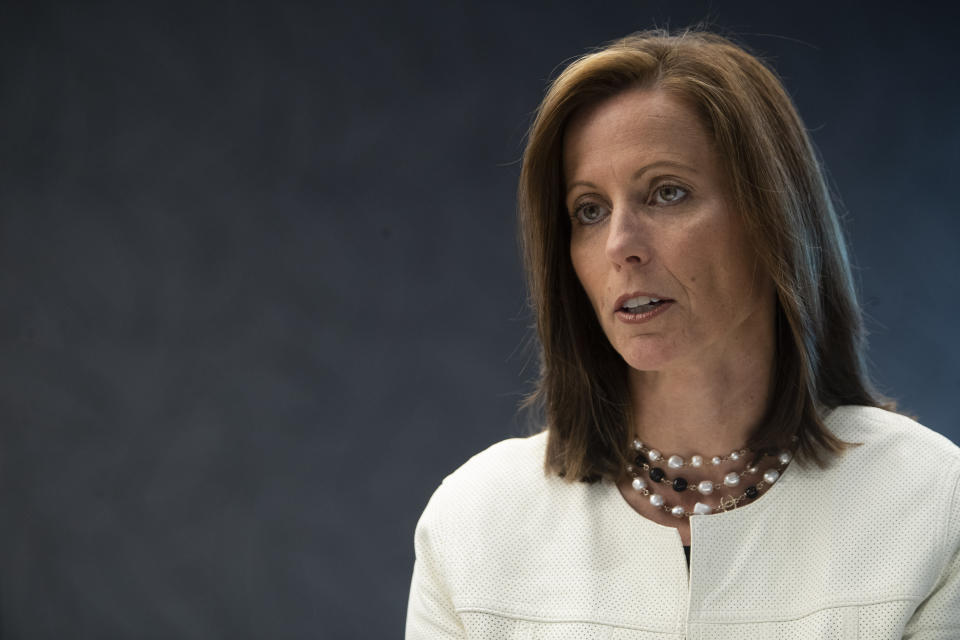 In this Wednesday, July 31, 2019, photo NASDAQ President and Chief Executive Officer Adena Friedman speaks during an interview at NASDAQ headquarters in New York. The U.S. stock market has thousands fewer companies to choose from, and that’s doing a disservice to regular investors, says Friedman. In a recent conversation with the AP, she discussed what’s behind the trend and how it could be exacerbating income inequality. (AP Photo/Mary Altaffer)