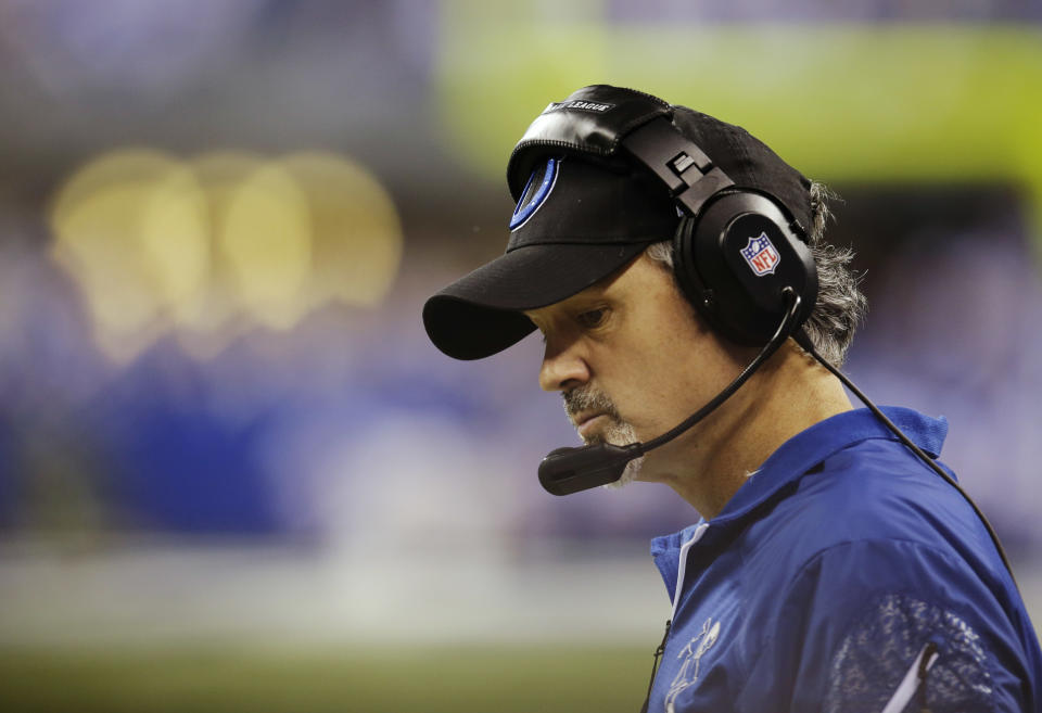Indianapolis Colts head coach Chuck Pagano watches during the first half of an NFL wild-card playoff football game against the Kansas City Chiefs Saturday, Jan. 4, 2014, in Indianapolis. (AP Photo/AJ Mast)
