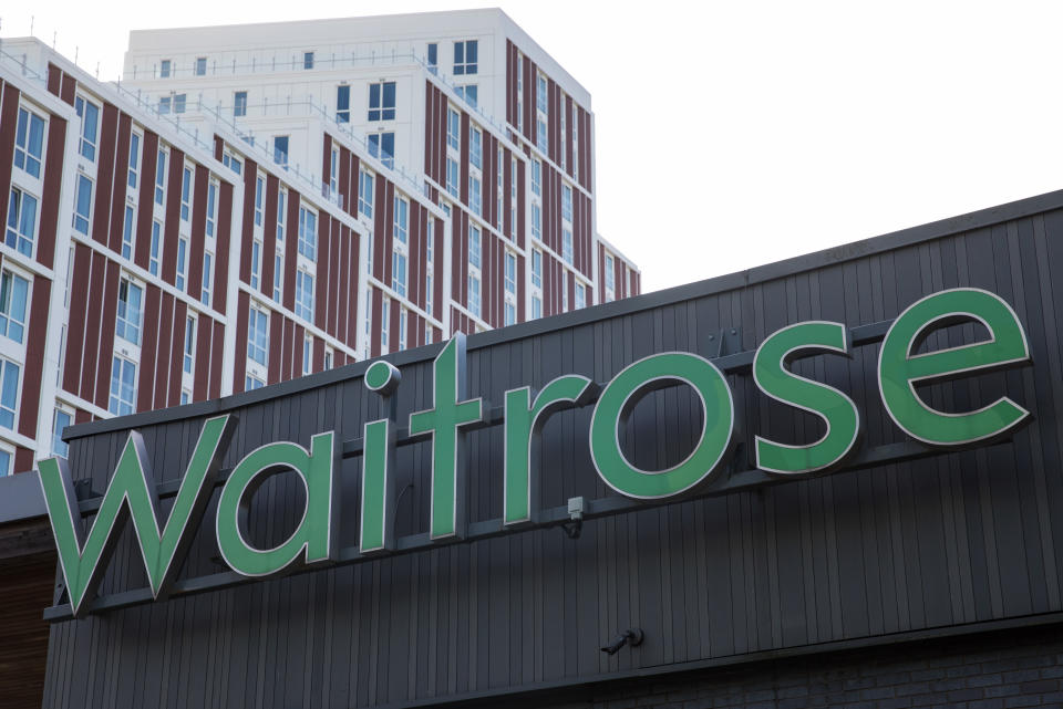 A Waitrose sign is pictured on 18 September 2020 in Bracknell, United Kingdom. Waitroses headquarters and a distribution centre are located in Bracknell, as well as a store in The Lexicon shopping centre. (photo by Mark Kerrison/In Pictures via Getty Images)
