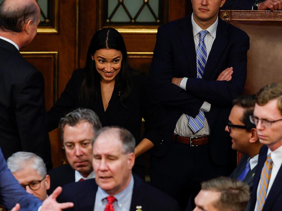 Santos and Ocasio-Cortez briefly spoke on the sidelines of a gaggle of GOP lawmakers on the House floor on Wednesday, January 4.