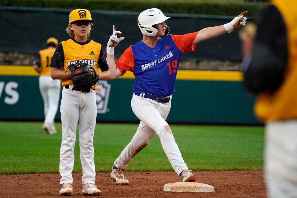 Hagerstown, Ind.'s Kaden Hall (19) celebrates on second base after hitting a double during the sixth inning inning of a baseball game against Nolensville, Tenn., at the Little League World Series in South Williamsport, Pa., Monday, Aug. 22, 2022.