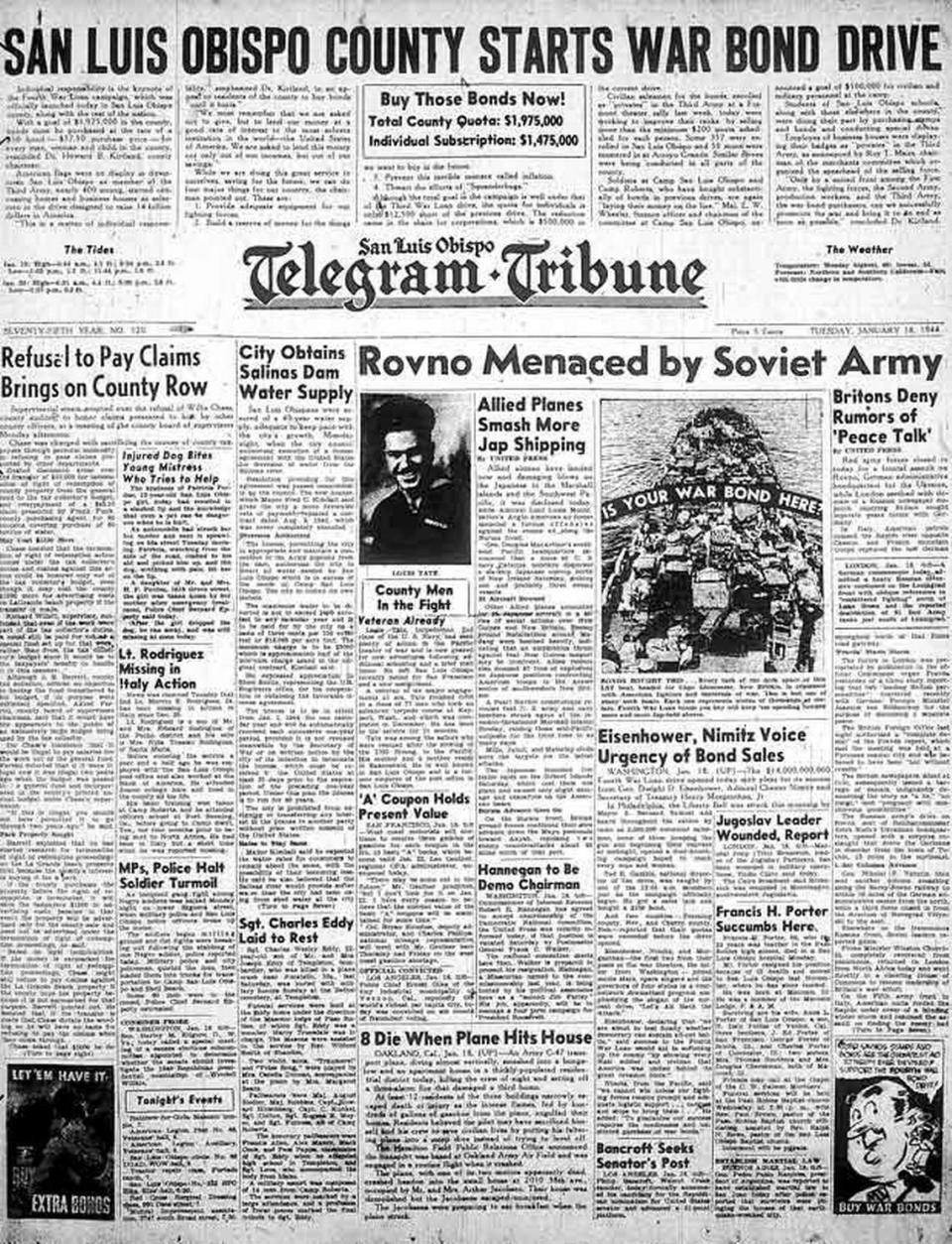 Jan. 18, 1944 Telegram-Tribune headlines include a deal for Salinas Dam water when the Army no longer needed it.