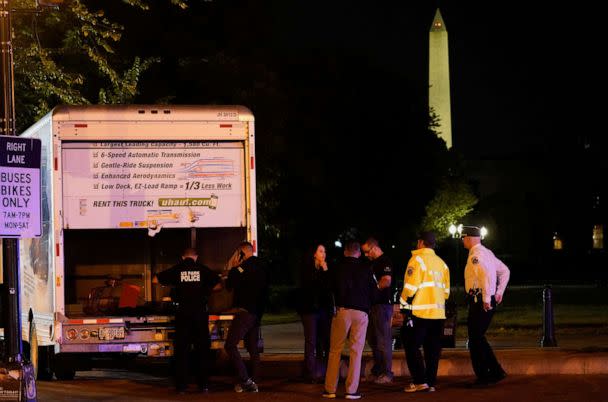 PHOTO: The U.S. Secret Service and other law enforcement agencies investigate a rented box truck that crashed into security barriers at Lafayette Park across from the White House in Washington, D.C., May 23, 2023. (Nathan Howard/Reuters)