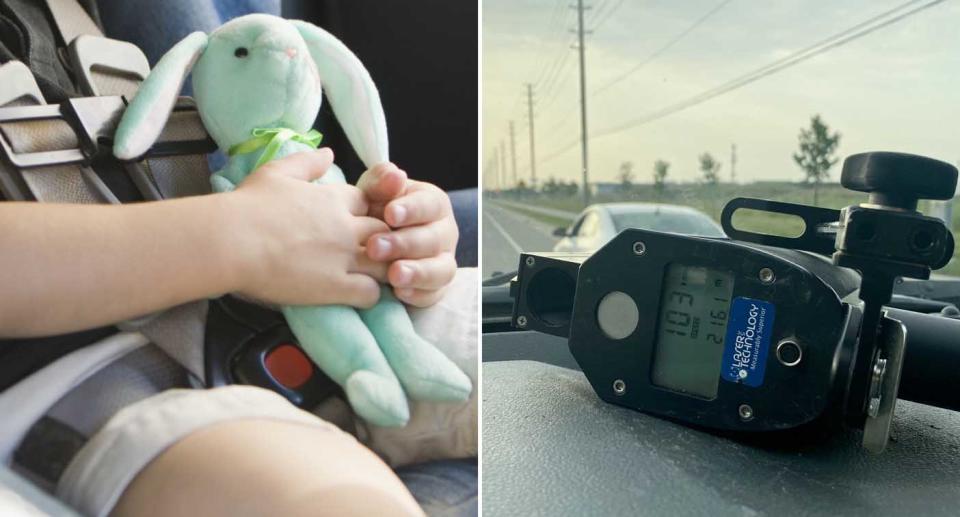 A child is pictured in a car seat along with a handheld speed camera.