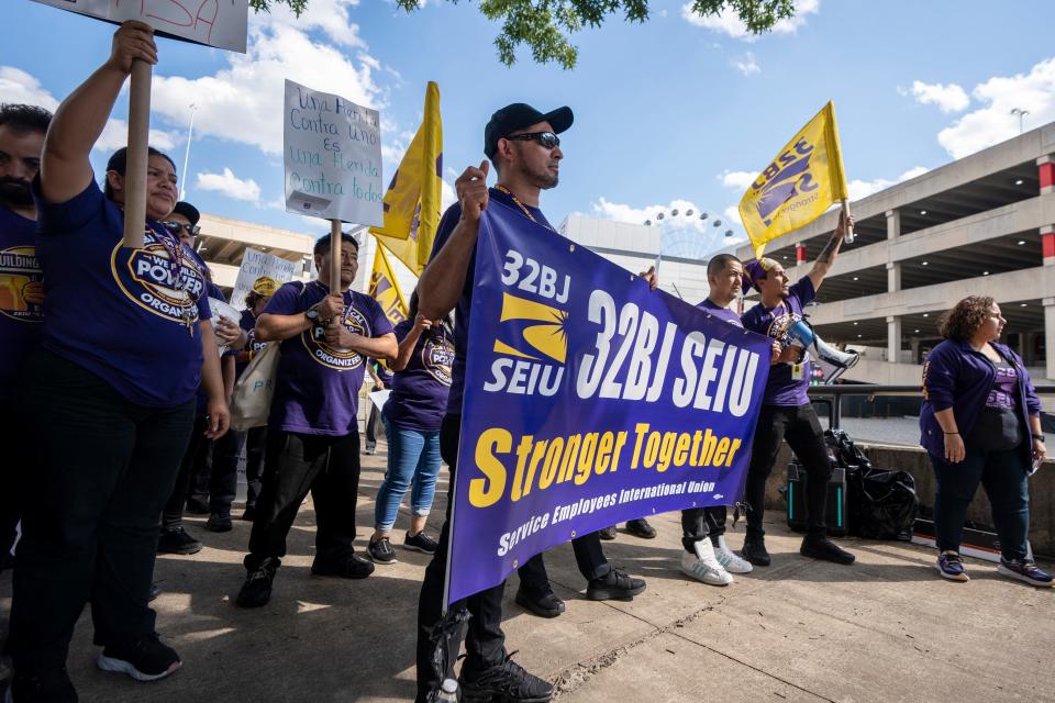 Jun 27, 2024; East Rutherford, NJ, USA; Workers with HSA, the company that cleans American Dream, protest unfair labor practices with a one day strike.