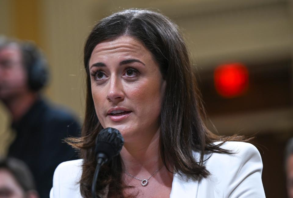 WASHINGTON, DC - JUNE 28: Cassidy Hutchinson, a top former aide to Trump White House Chief of Staff Mark Meadows, testifies during the sixth hearing by the House Select Committee to Investigate the January 6th Attack on the U.S. Capitol in the Cannon House Office Building on June 28, 2022 in Washington, DC. The bipartisan committee, which has been gathering evidence for almost a year related to the January 6 attack at the U.S. Capitol, is presenting its findings in a series of televised hearings. On January 6, 2021, supporters of former President Donald Trump attacked the U.S. Capitol Building during an attempt to disrupt a congressional vote to confirm the electoral college win for President Joe Biden. (Photo by Brandon Bell/Getty Images) ORG XMIT: 775832093 ORIG FILE ID: 1405675689