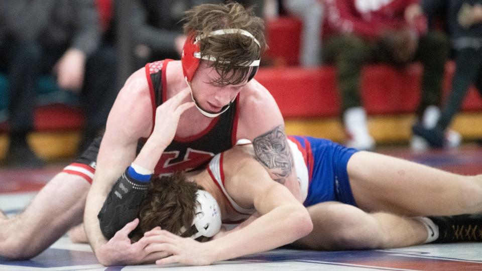 Kingsway's DJ DiPietro controls Washington Township's Tyler Lucia during the 138 lb. bout of the South Jersey Group 5 semifinal meet held at Washington Township High School on Monday, February 6, 2023. DiPietro defeated Lucia, 5-0.  