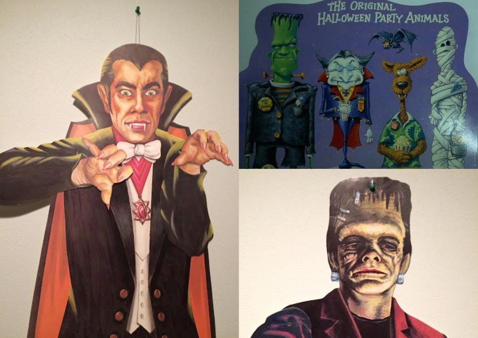 Dracula and Frankenstein die-cut decorations from Dennison, and a Hallmark decoration featuring off-brand versions of the Universal Monsters. 