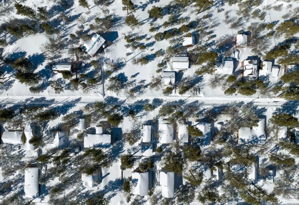 An aerial view of the Big Bear Valley is covered with snow