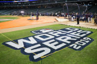 Houston Astros take batting practice for baseball's World Series Monday, Oct. 21, 2019, in Houston. The Houston Astros face the Washington Nationals in Game 1 on Tuesday. (AP Photo/Matt Slocum)