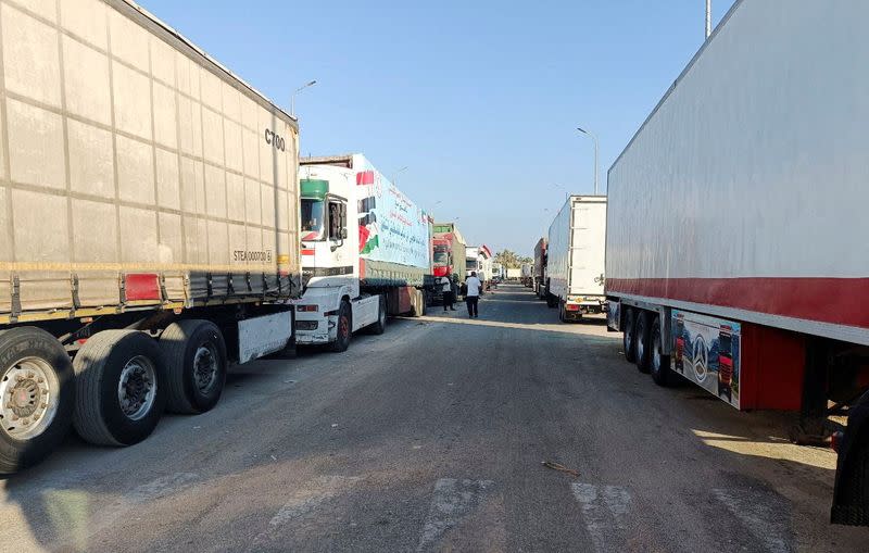 A view of trucks carrying humanitarian aid for Palestinians