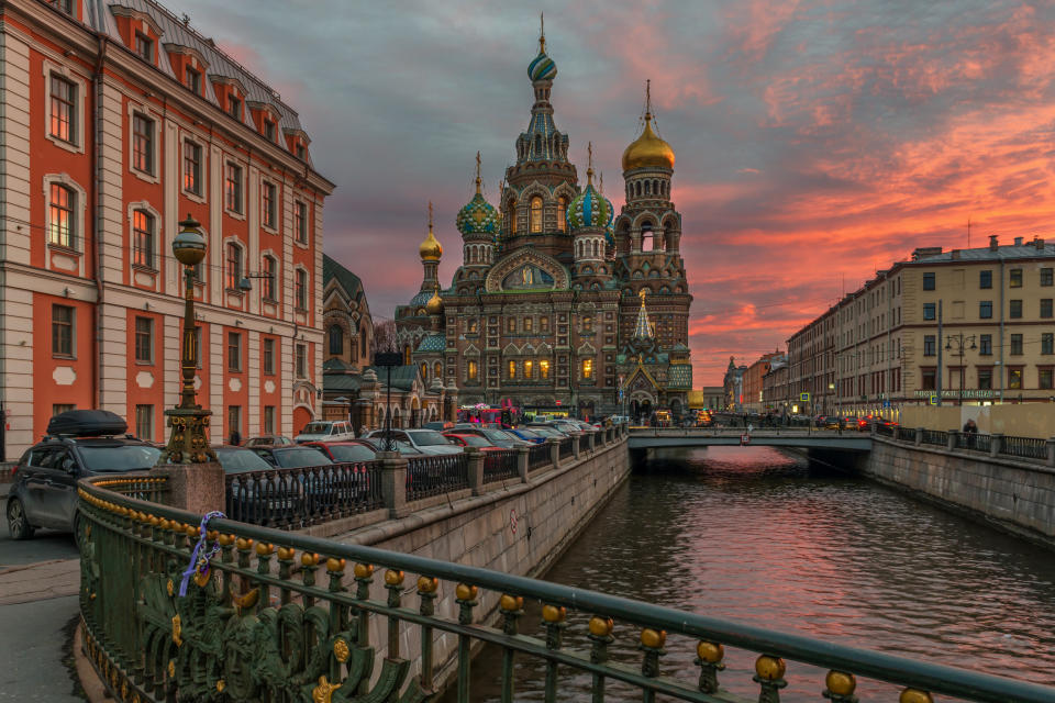 A quiet street with a church in St. Petersburg.