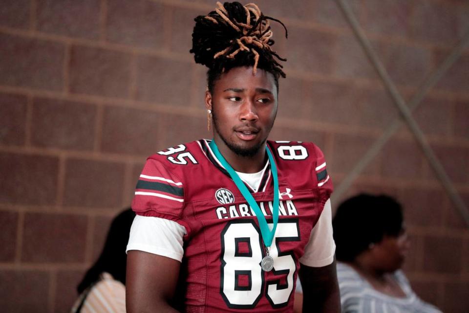 CJ Adams and the University of South Carolina football team freshmen took part in the annual Pigskin Poets reading event Friday, July 21, 2023 at the Drew Wellness Center in Columbia.