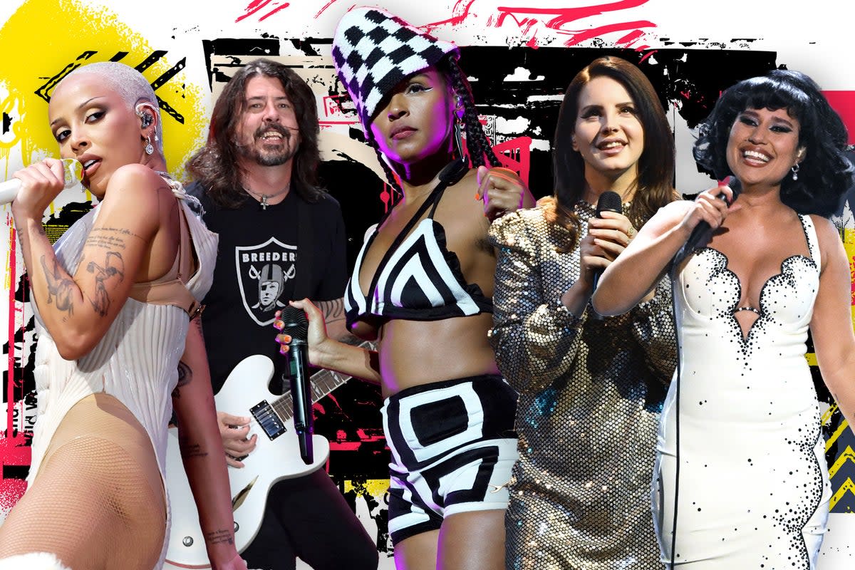 Euro stars: (from left) Doja Cat, Dave Grohl, Janelle Monáe, Lana Del Rey, and Raye  (Getty/iStock)