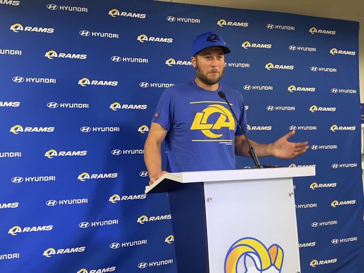 Rams quarterback Matthew Stafford speaks on the first day of availability for the 2023 season.