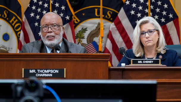 PHOTO: Chairman Bennie Thompson speaks as the House select committee investigating the Jan. 6 attack on the Capitol holds a hearing at the Capitol, June 28, 2022. Vice Chair Liz Cheney, listens at right.  (J. Scott Applewhite/AP)