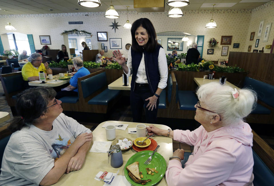 Sen. Kelly Ayotte speaks to patrons of Blake's Restaurant as she campaigns for re-election on primary day, Tuesday, Sept. 13, 2016, in Manchester, N.H. (Photo: Elise Amendola/AP)