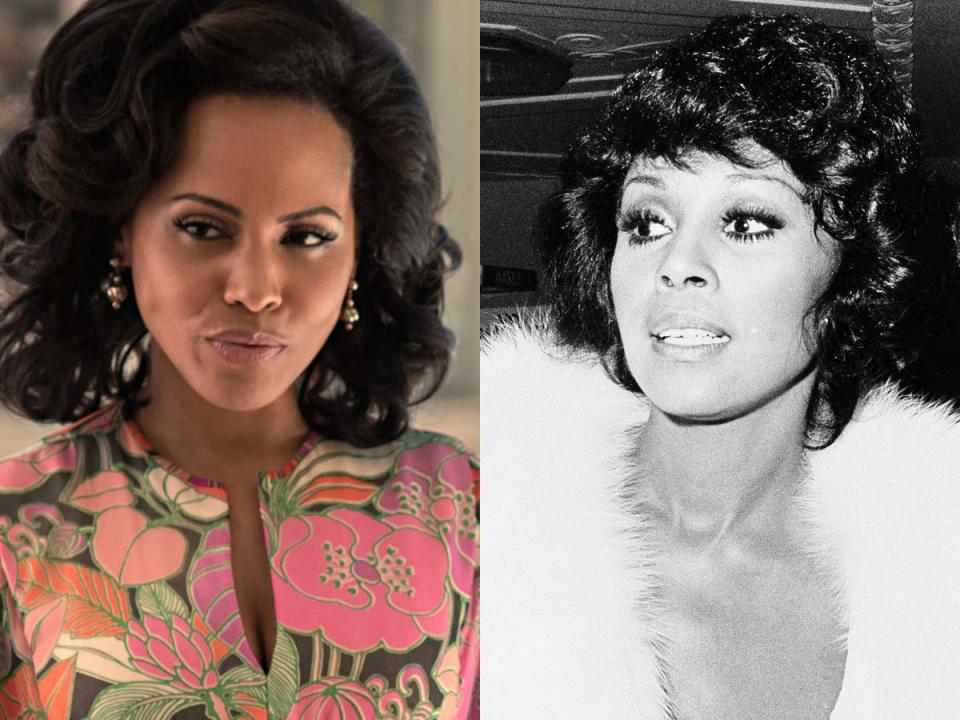 Amirah Vann, left, as Diahann Carroll in the Netflix film "Shirley." The real Carroll, right, in 1974.