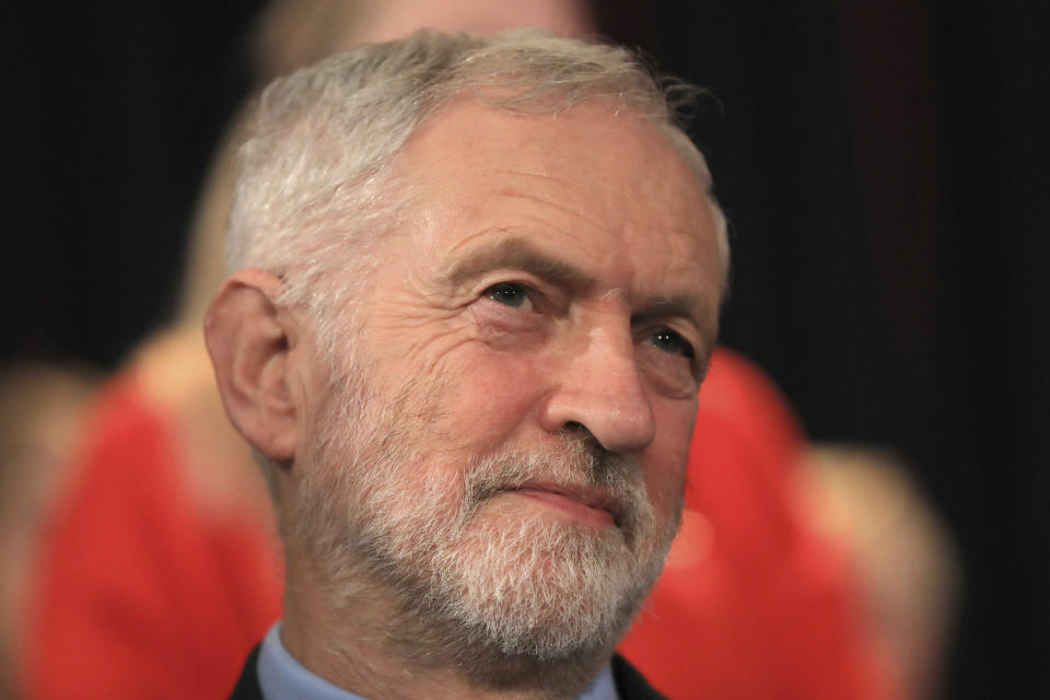 Britain's Labour Party leader Jeremy Corbyn pauses during a speech in a visit to Hastings, south east England, Thursday Jan. 17, 2019. Jeremy Corbyn said Prime Minister Theresa May's offer of cross-party talks on a new Brexit deal is a "stunt" because she will not rule out leaving the European Union without an agreement. Corbyn is refusing to meet May until she takes no-deal "off the table." (Gareth Fuller/PA via AP)