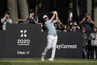 Emiliano Grillo of Argentina hits his tee shot on the second hole in the final round of the PGA Tour Zozo Championship at the Narashino Country Club in Inzai on the outskirts of Tokyo, Sunday, Oct. 22, 2023. (AP Photo/Tomohiro Ohsumi)