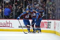 Colorado Avalanche right wing Valeri Nichushkin, center, celebrates with teammates his goal against the St. Louis Blues during the second period in Game 1 of an NHL hockey Stanley Cup second-round playoff series Tuesday, May 17, 2022, in Denver. (AP Photo/Jack Dempsey)