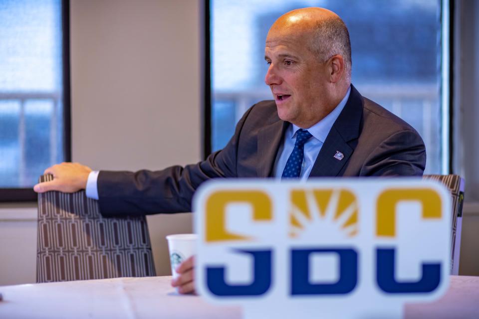 Clay Helton made his first appearance at the annual Sun Belt Conference Football Media Days as the new head coach of the Georgia Southern Eagles. Helton is interviewed during the event at the Sheraton New Orleans Hotel on Tuesday. 