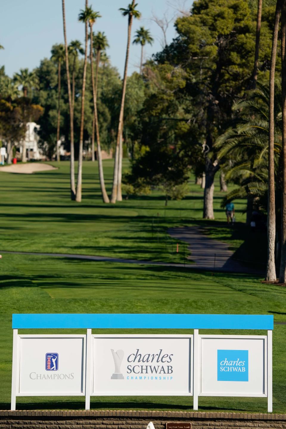 Nov 11, 2021; Phoenix, Arizona, USA; A detailed view of the 1st hole and related course signage during the first round of the Charles Schwab Cup Championship golf tournament at Phoenix Country Club. Mandatory Credit: Allan Henry-USA TODAY Sports