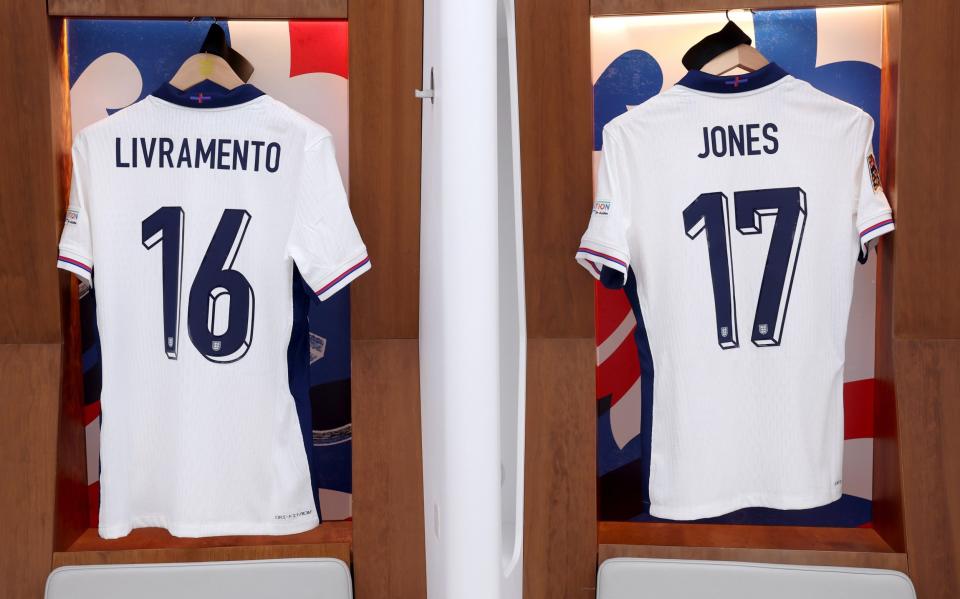 The shirts of Tino Livramento and Curtis Jones in the England dressing room