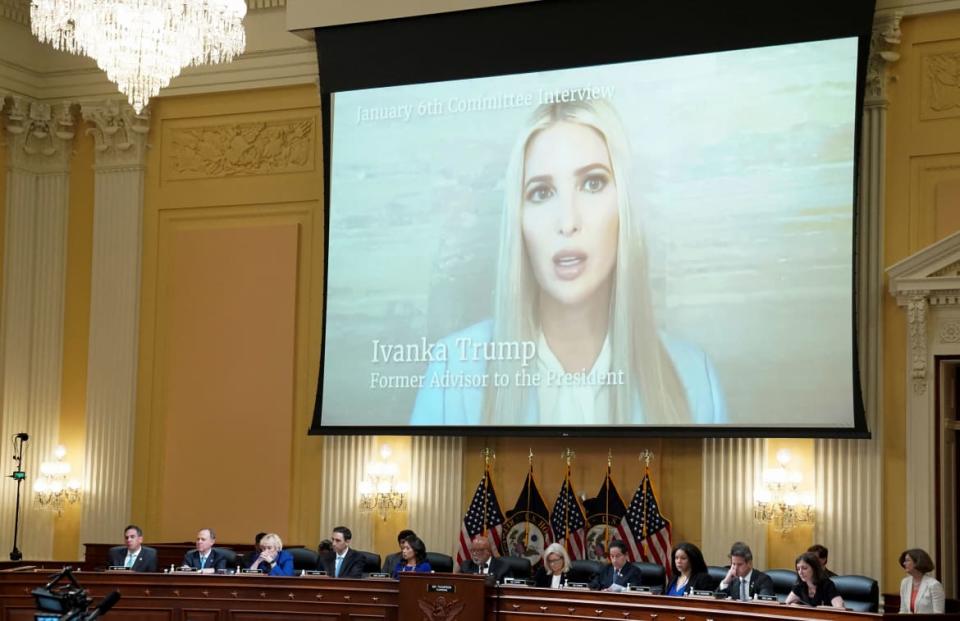 <div class="inline-image__caption"><p>Former White House Senior Adviser Ivanka Trump on a video screen during a public hearing of the U.S. House Select Committee to investigate the January 6 Attack on the U.S. Capitol, on Capitol Hill in Washington, U.S., July 12, 2022. </p></div> <div class="inline-image__credit">Sarah Silbiger/Reuters</div>